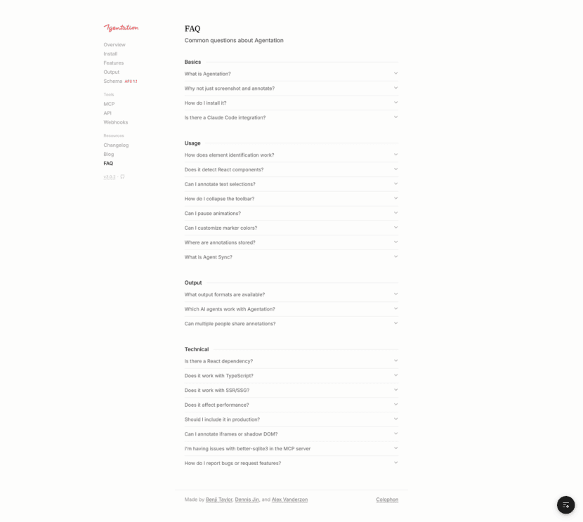 Agentation FAQ website preview