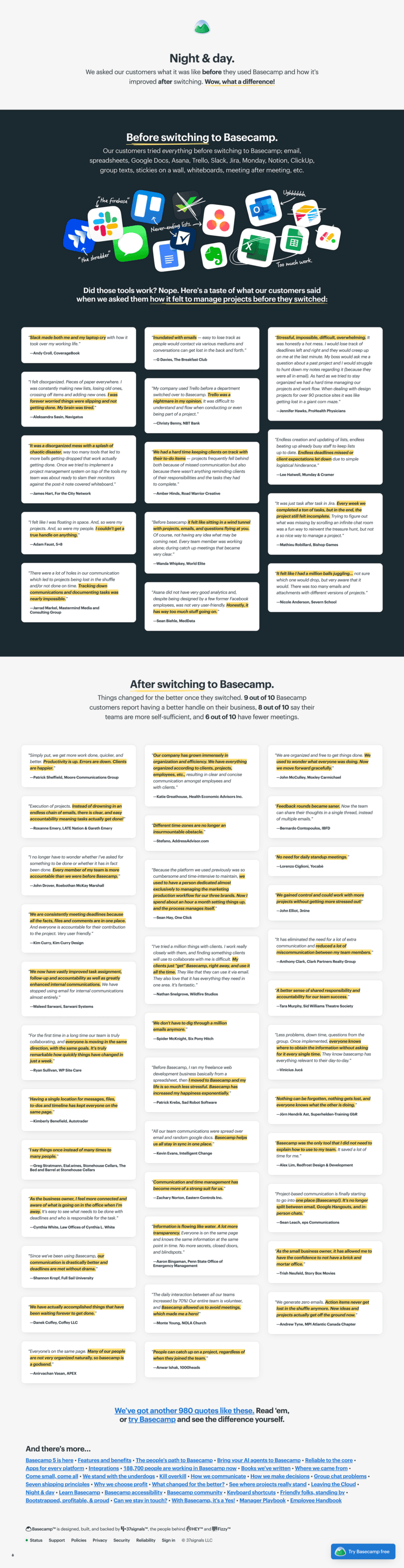 Basecamp testimonials full-page website screenshot