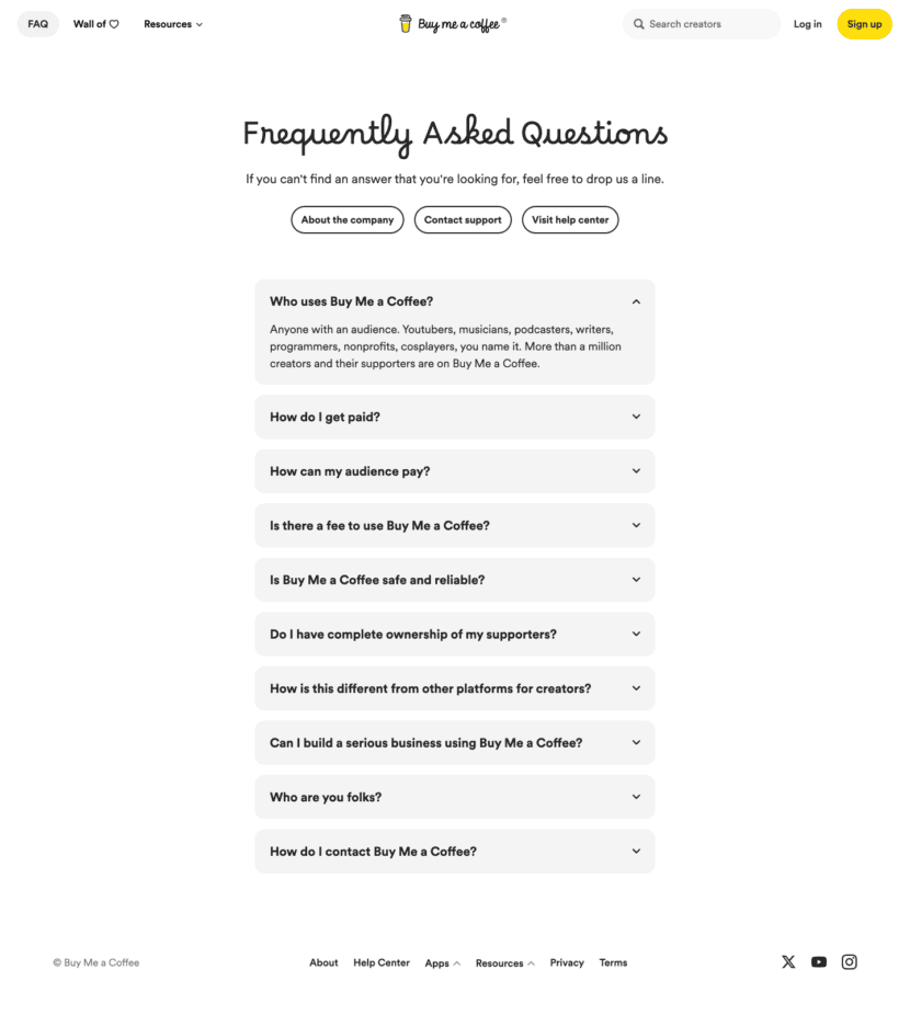Buy Me a Coffee FAQ website preview