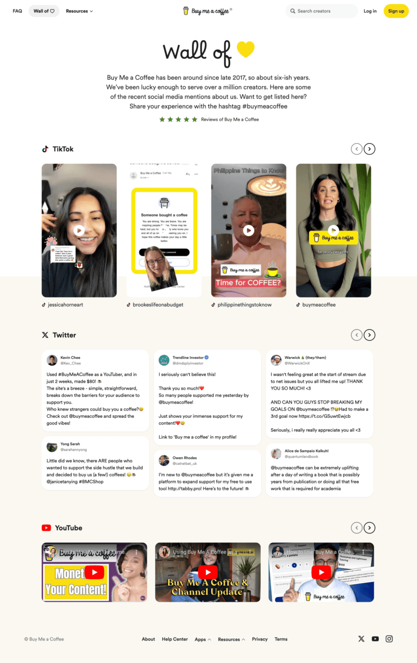 Buy Me a Coffee testimonials full-page website screenshot