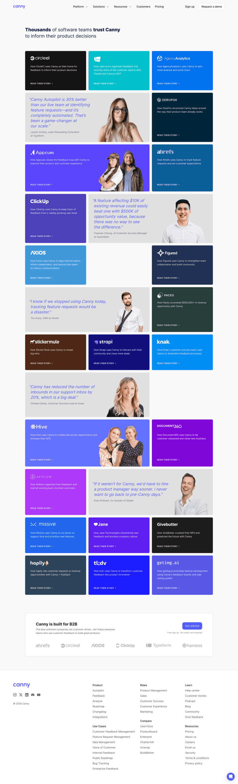 Canny testimonials full-page website screenshot
