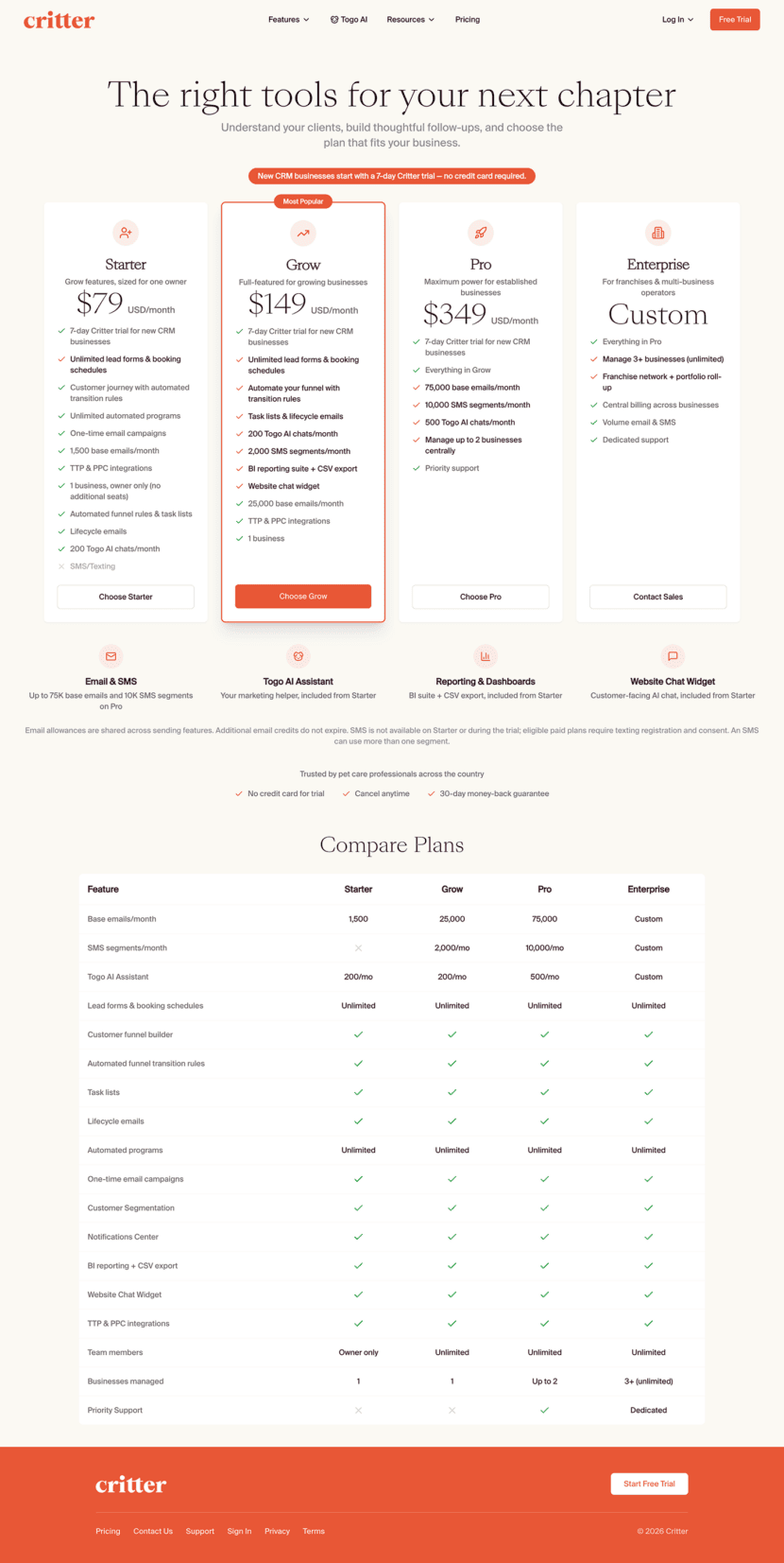 Critter pricing website preview