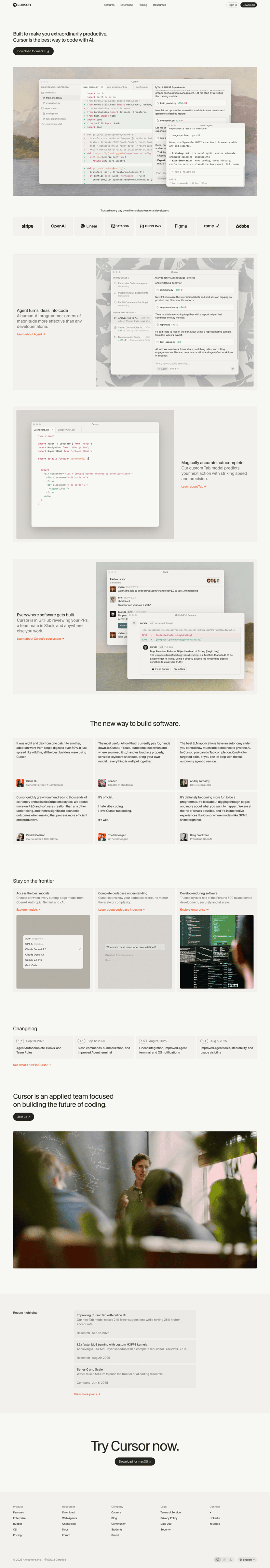 Cursor landing page full-page website screenshot