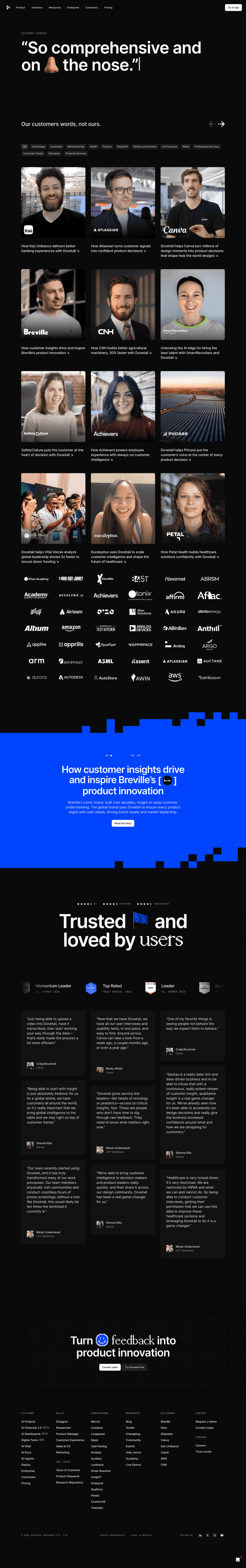 Dovetail testimonials website preview