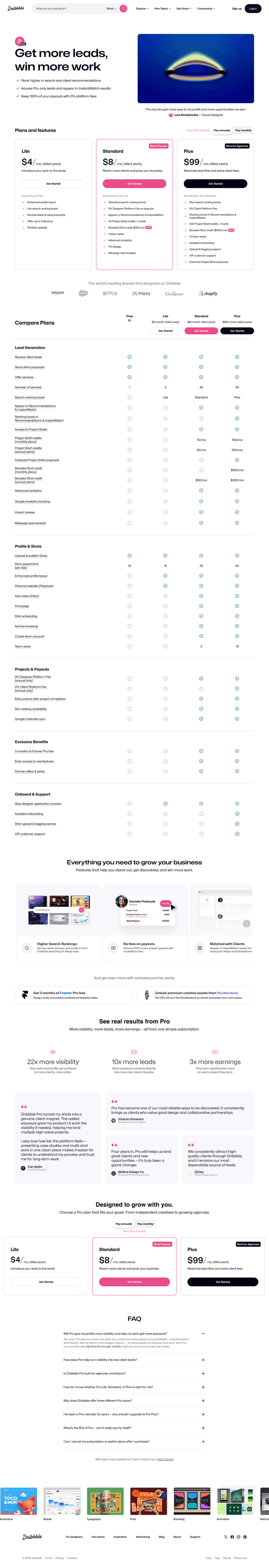 Dribbble pricing website preview