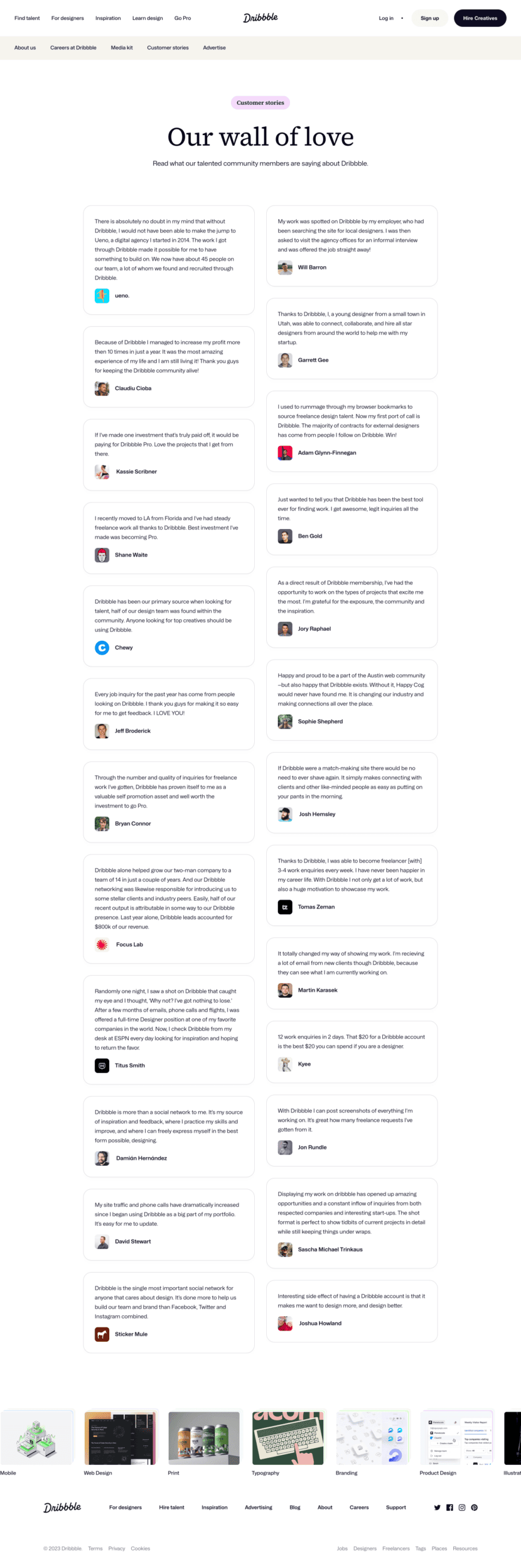 Dribbble testimonials website preview