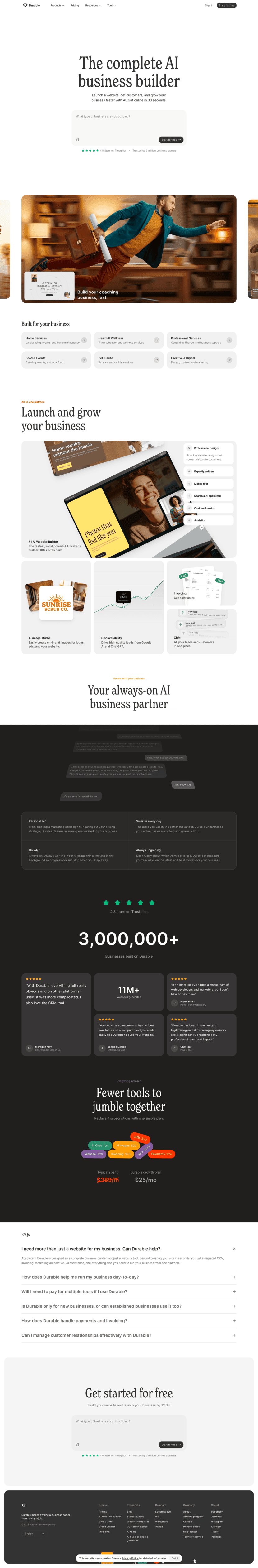 Durable landing page website preview