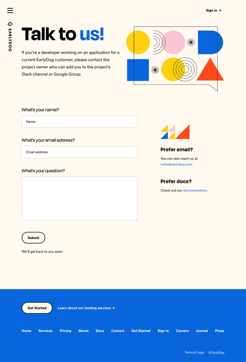 EarlyDog contact us website preview