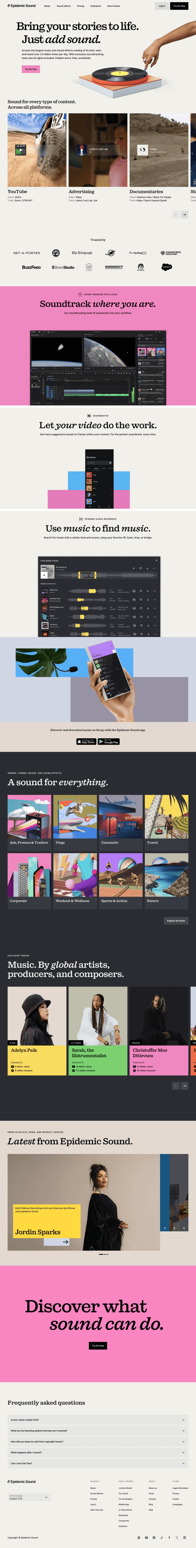Epidemic Sound landing page website preview