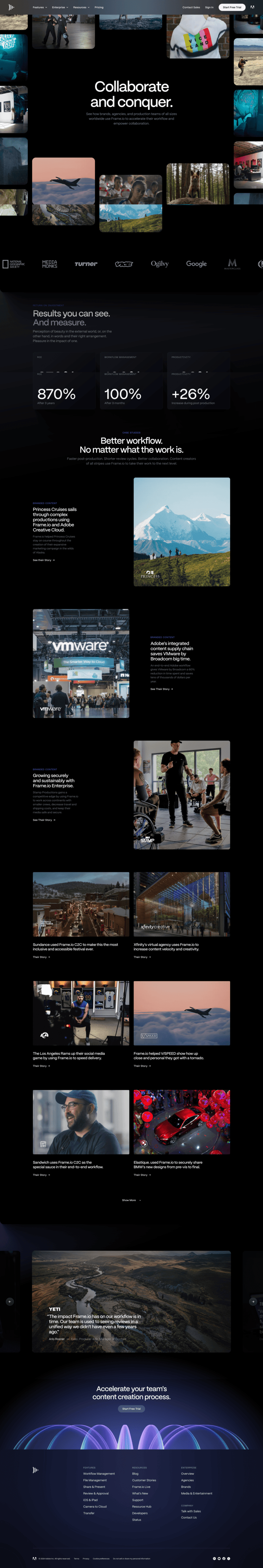 Frame.io testimonials website preview