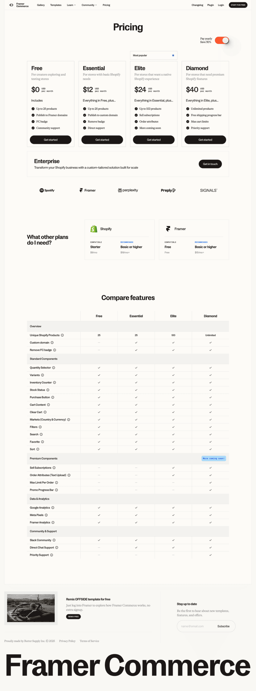 Framer Commerce pricing website preview