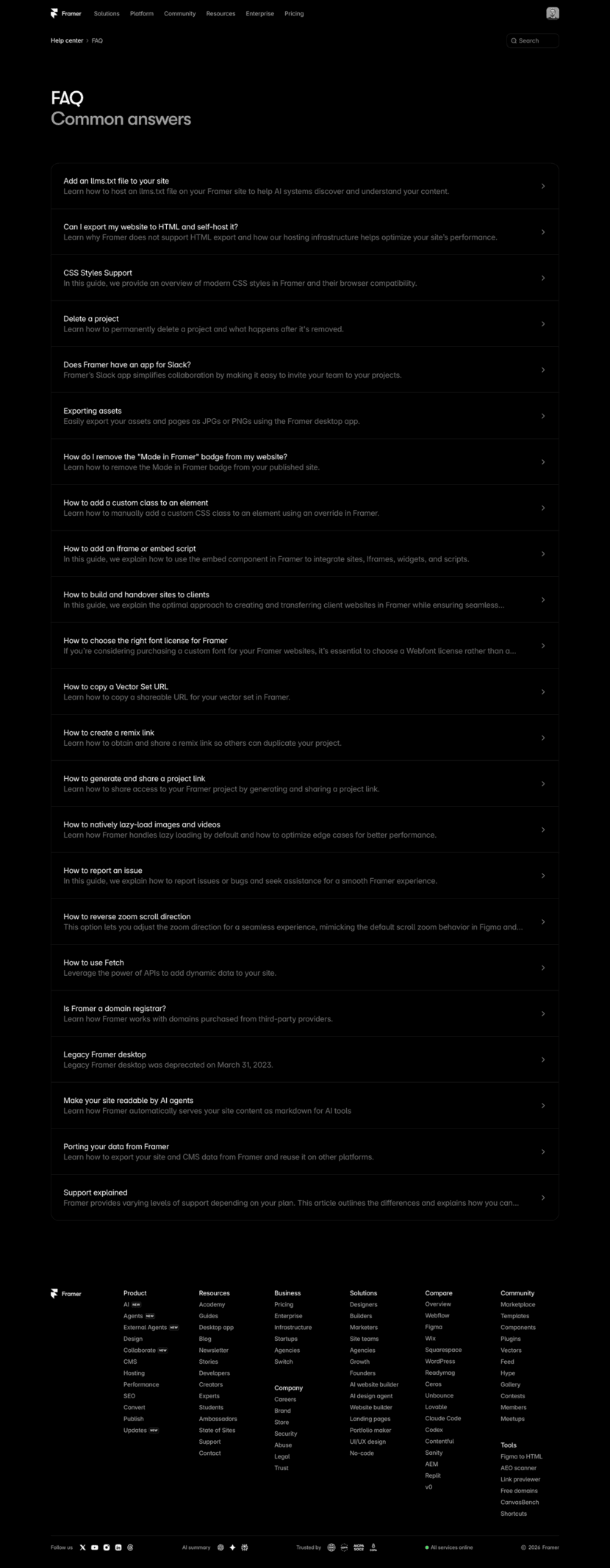 Framer FAQ website preview