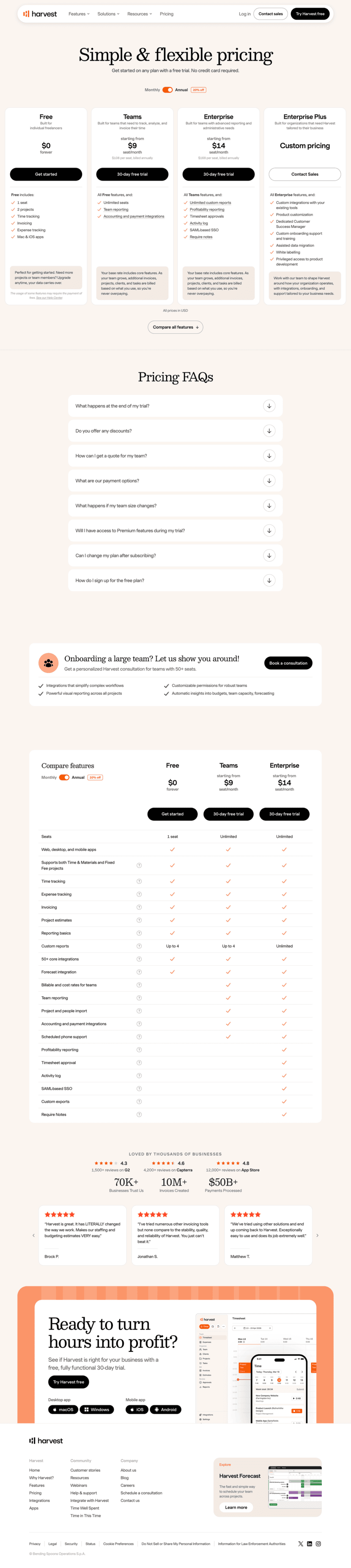 Harvest pricing website preview