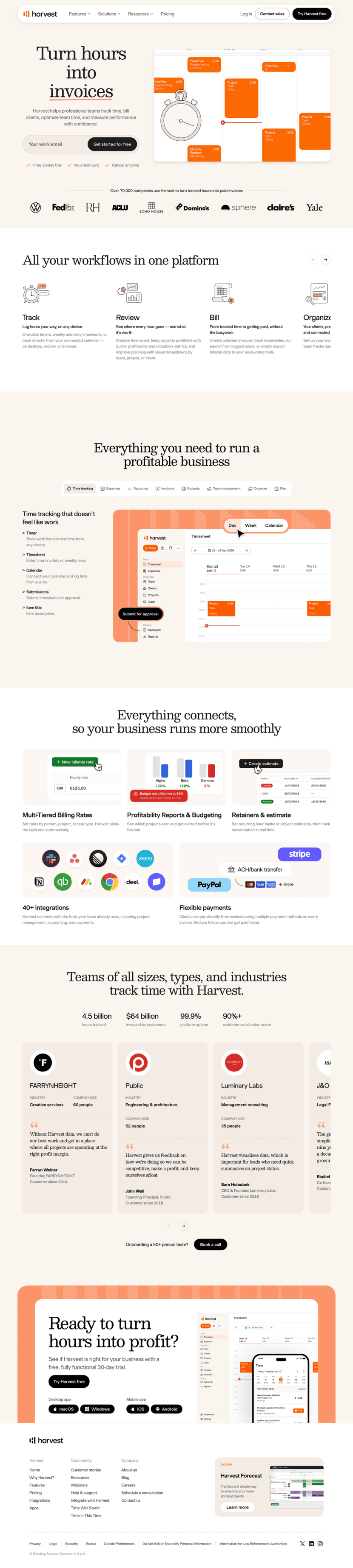 Harvest landing page full-page website screenshot