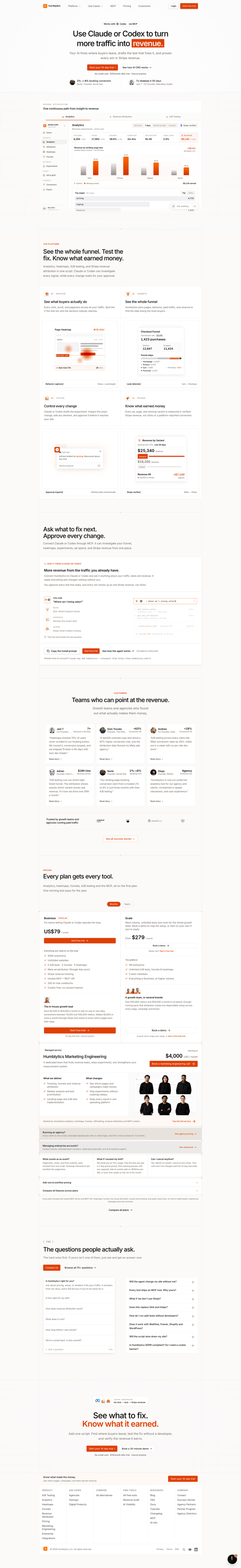 Humblytics landing page full-page website screenshot
