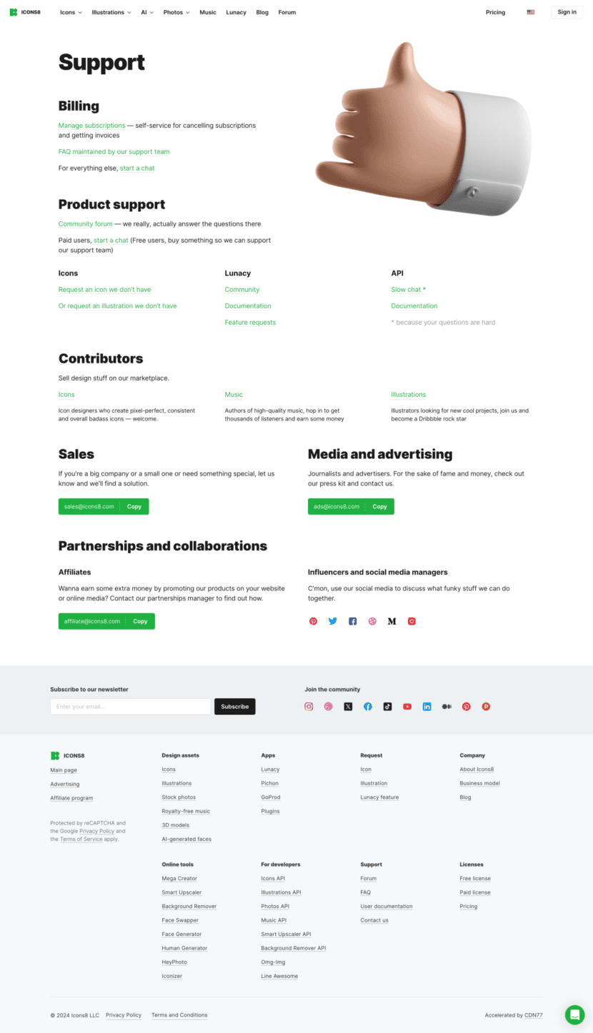 Icons8 contact us website preview