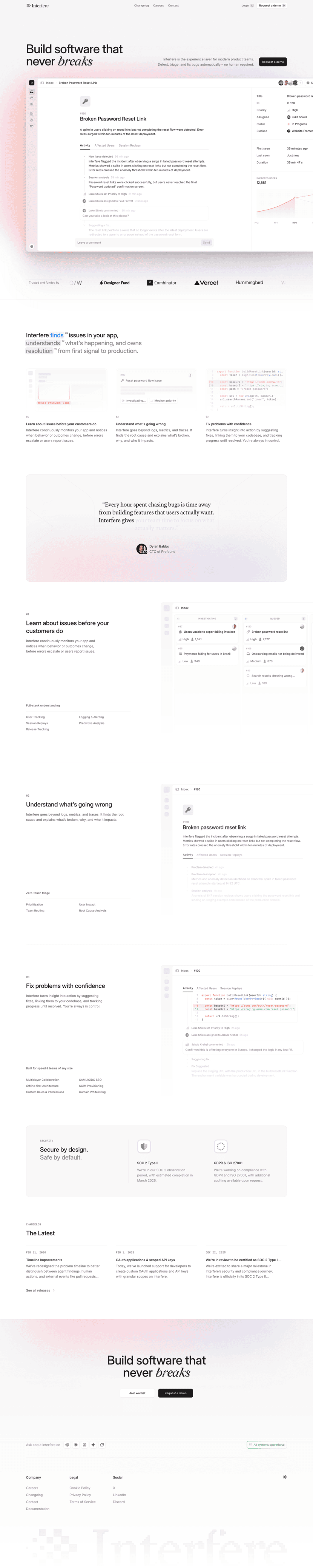Interfere landing page full-page website screenshot