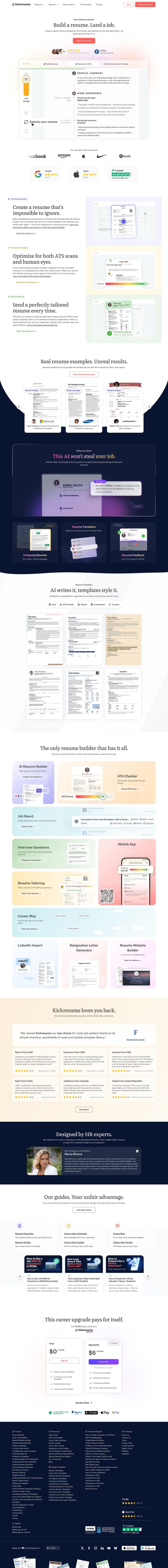 Kickresume landing page website preview