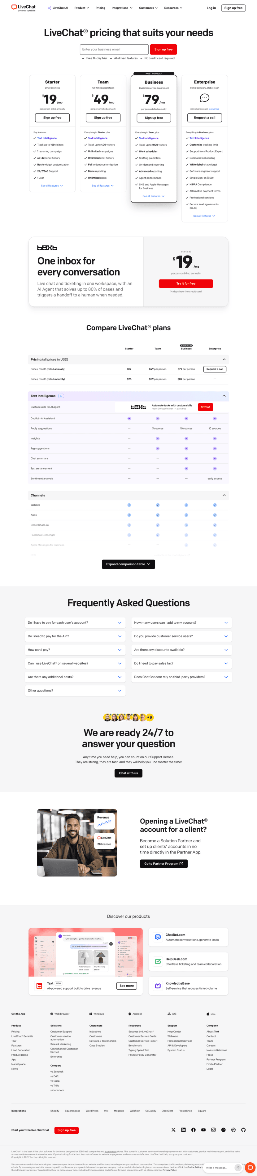 LiveChat pricing website preview