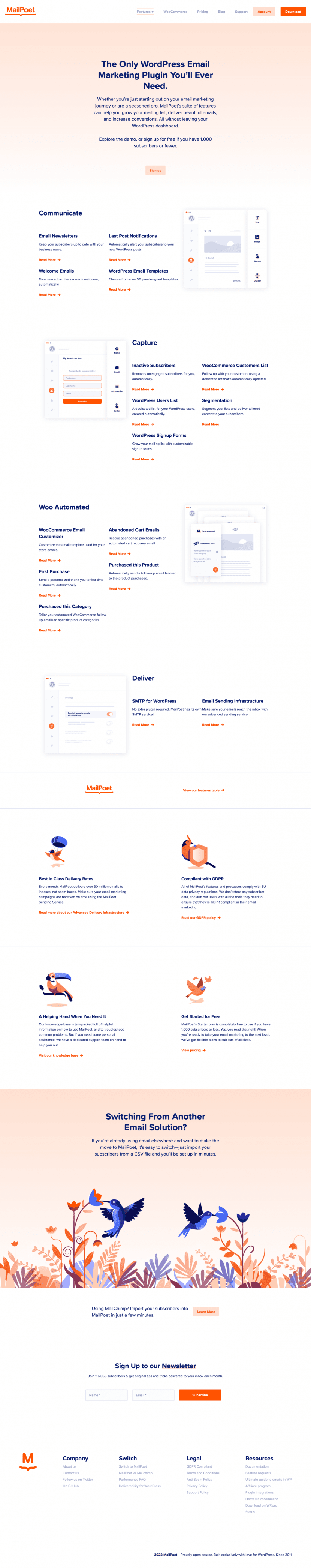 MailPoet features full-page website screenshot