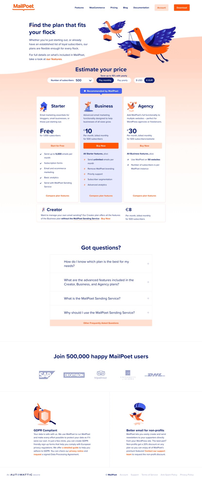 MailPoet pricing website preview