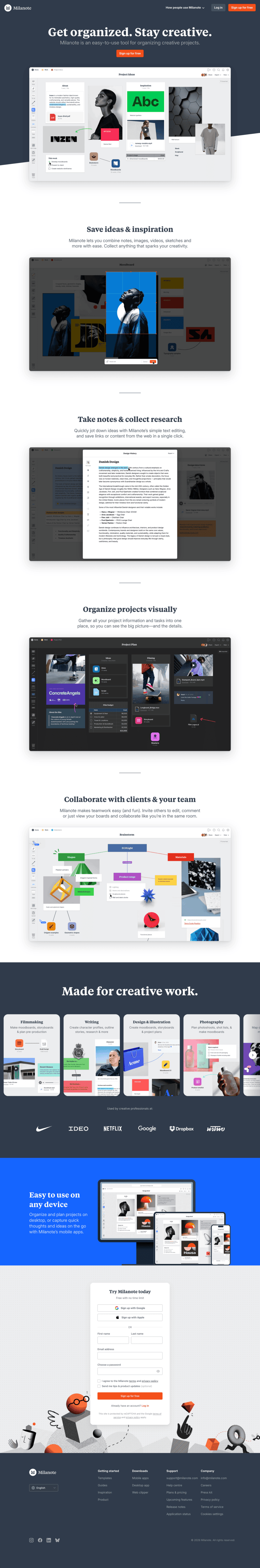 Milanote landing page website preview