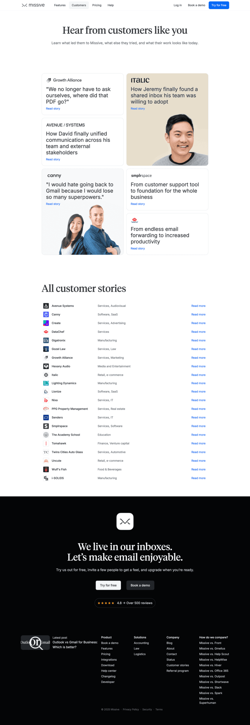 Missive testimonials website preview
