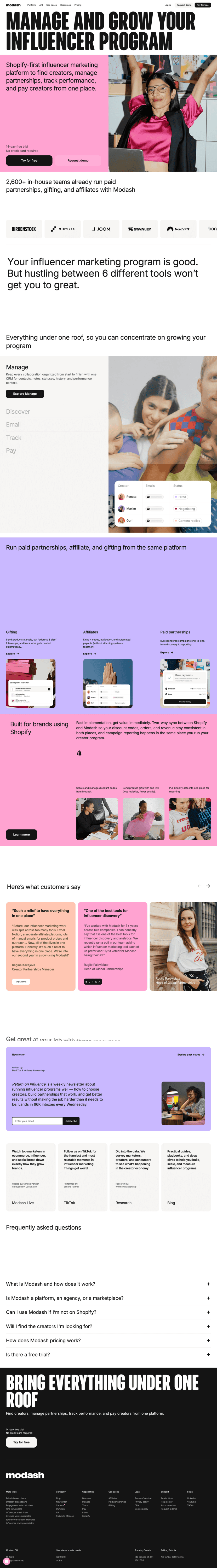 Modash landing page full-page website screenshot