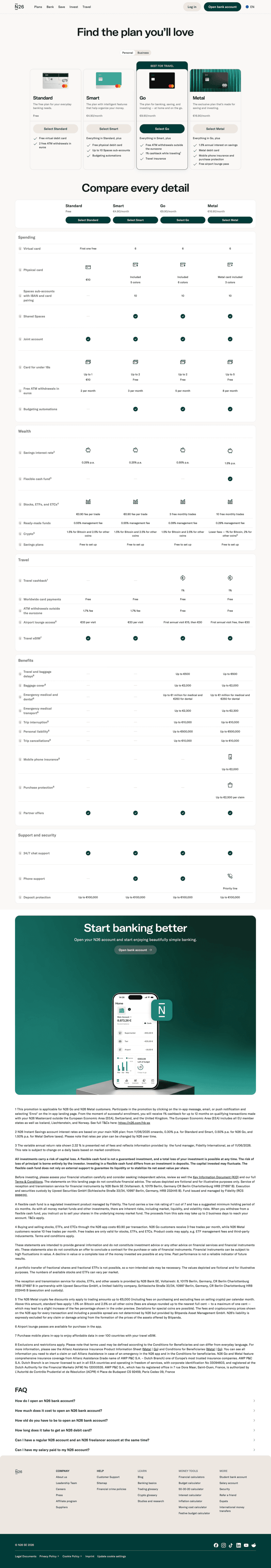 N26 pricing website preview