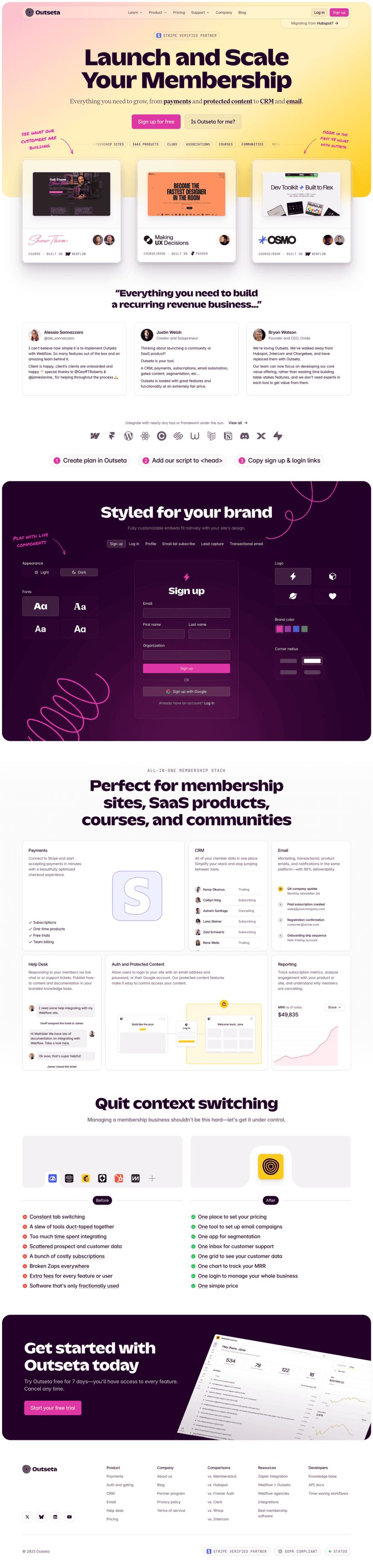Outseta landing page website preview