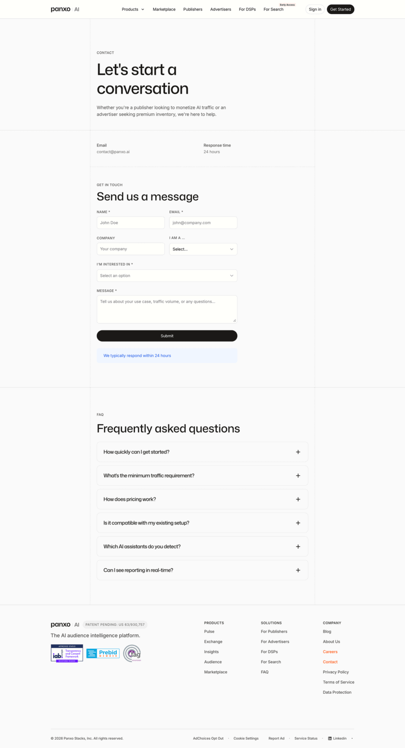 Panxo contact us website preview