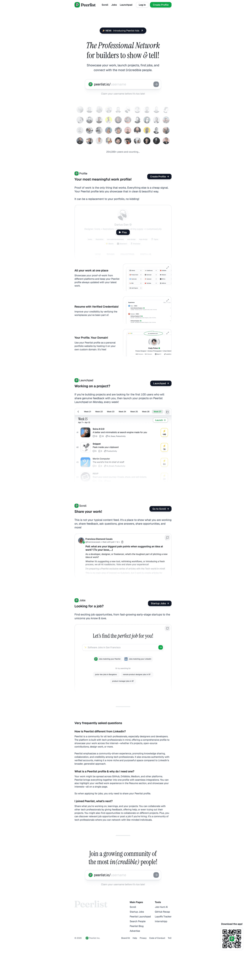 Peerlist landing page full-page website screenshot