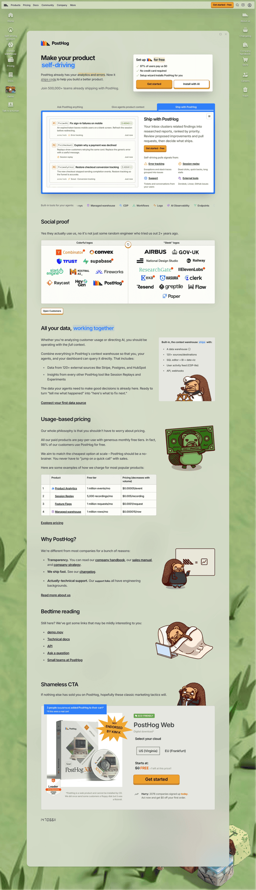 PostHog landing page full-page website screenshot