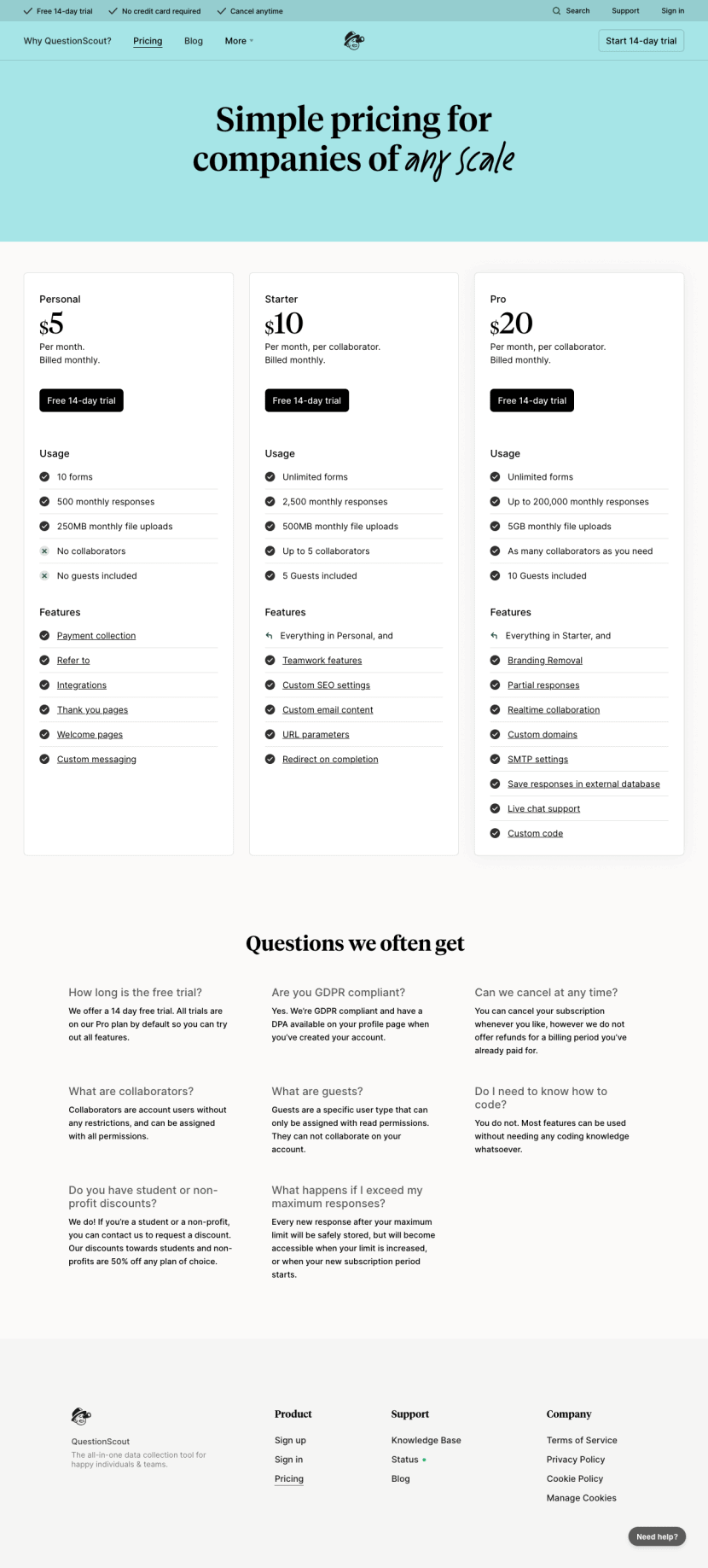 QuestionScout pricing website preview