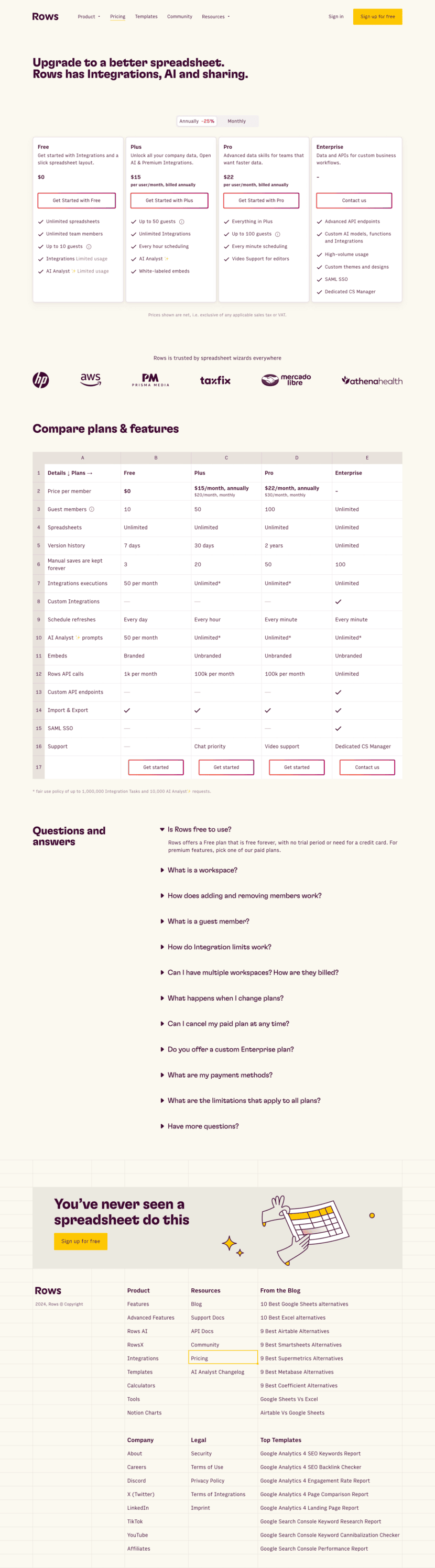 Rows pricing website preview