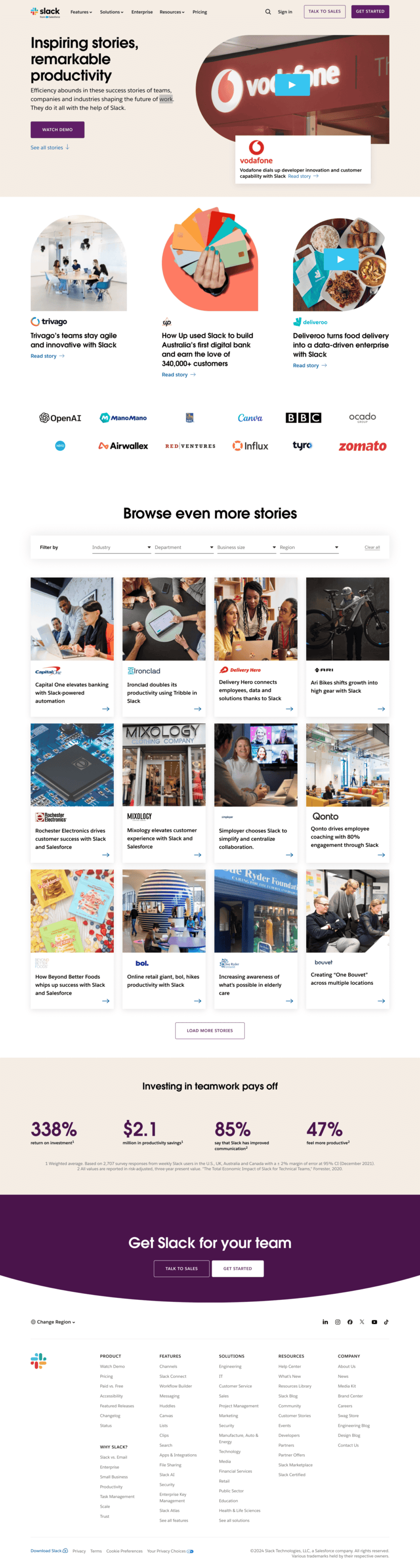 Slack testimonials website preview