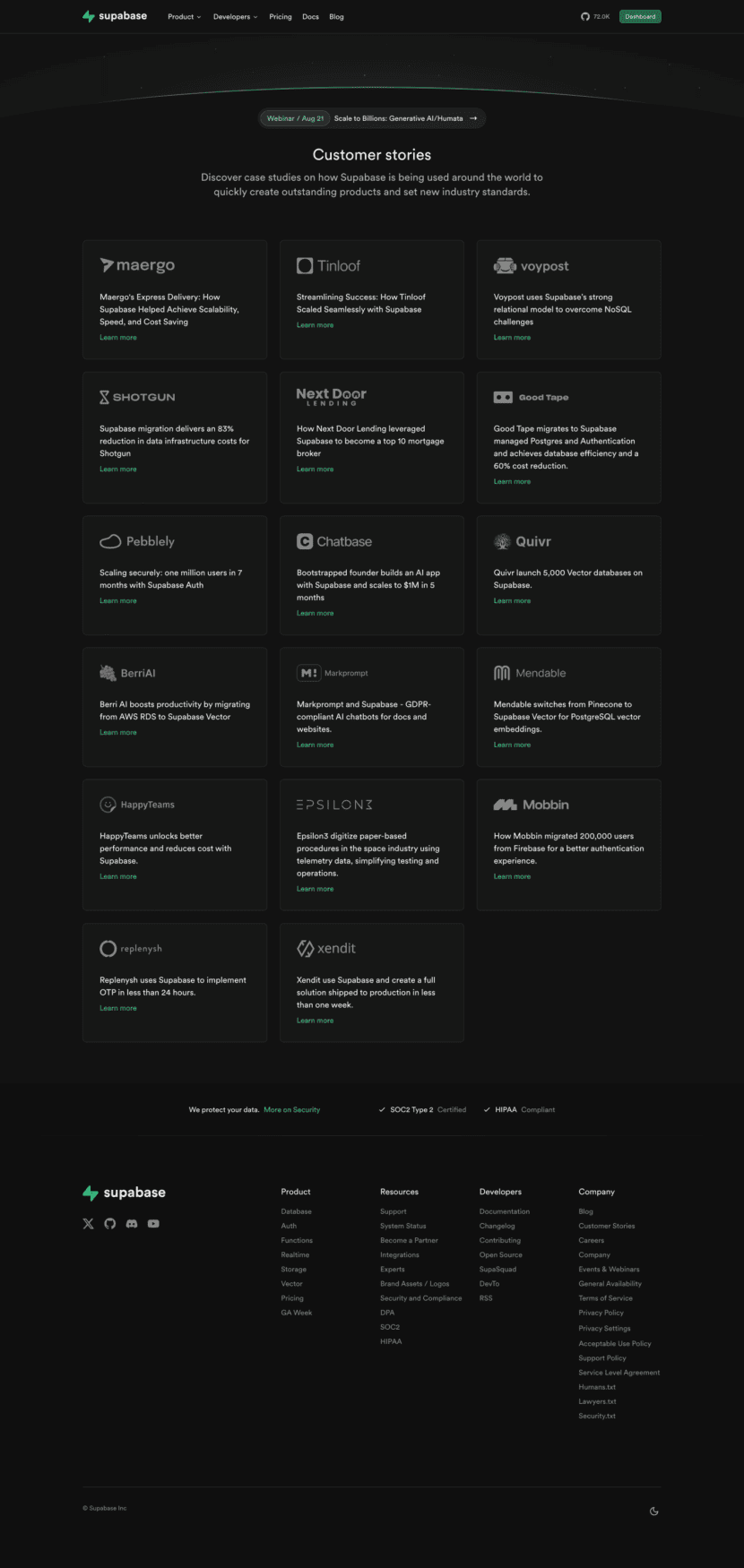 Supabase testimonials website preview