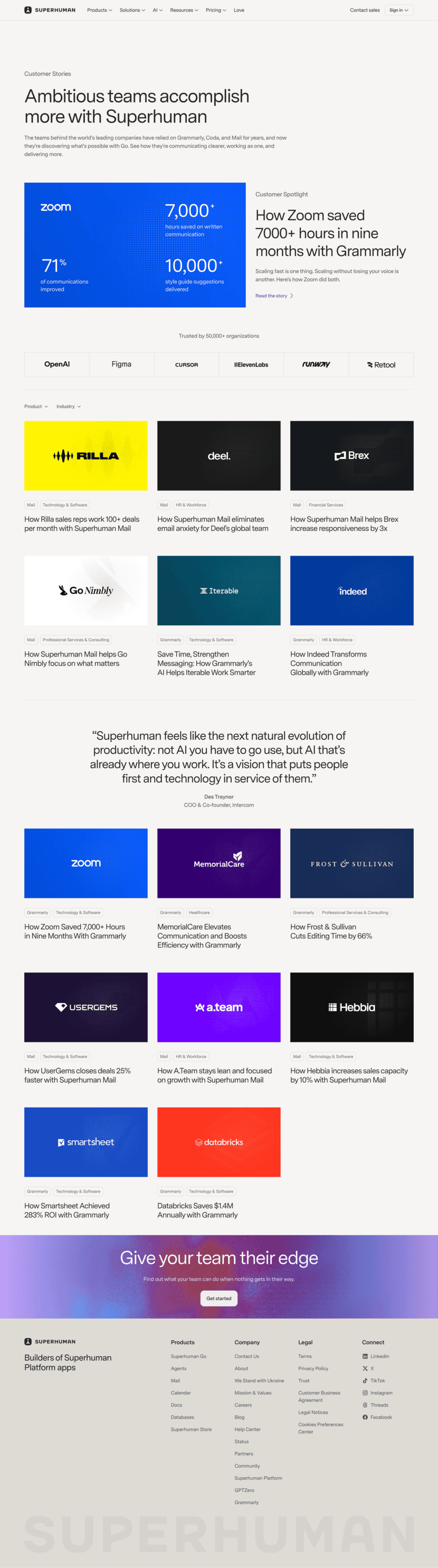 Superhuman testimonials website preview