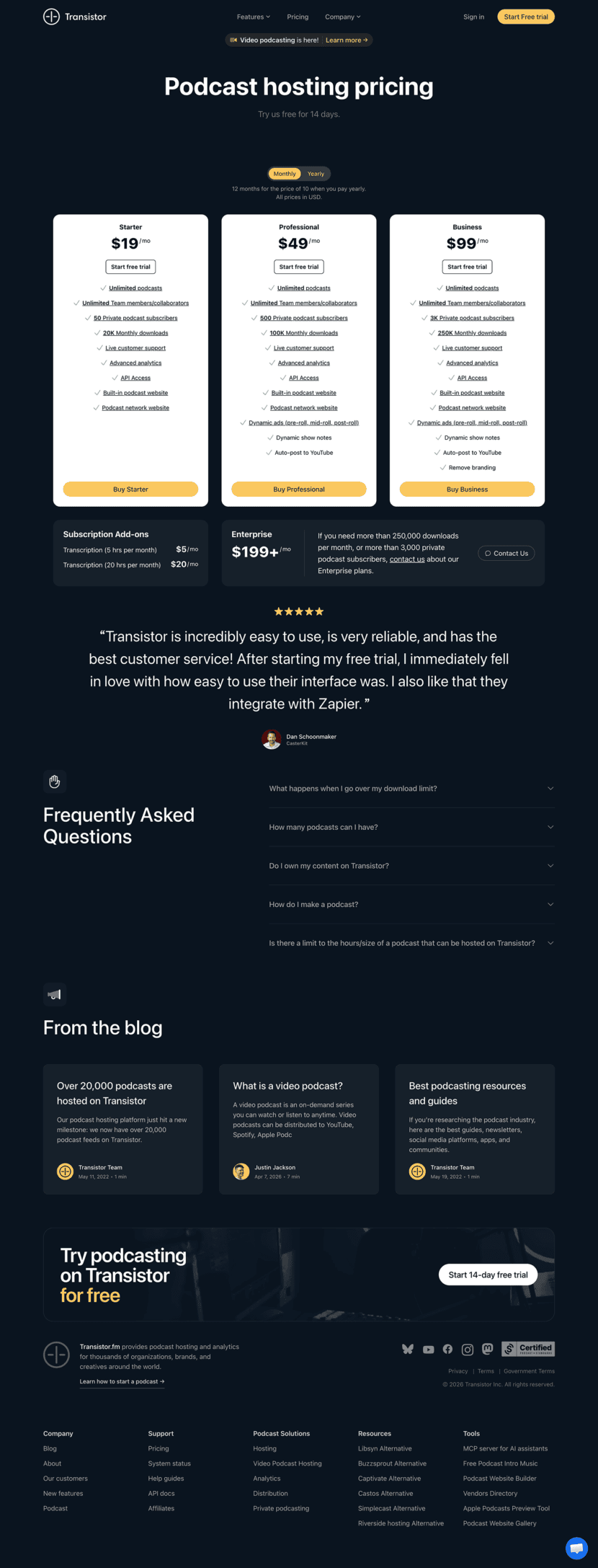 Transistor pricing website preview