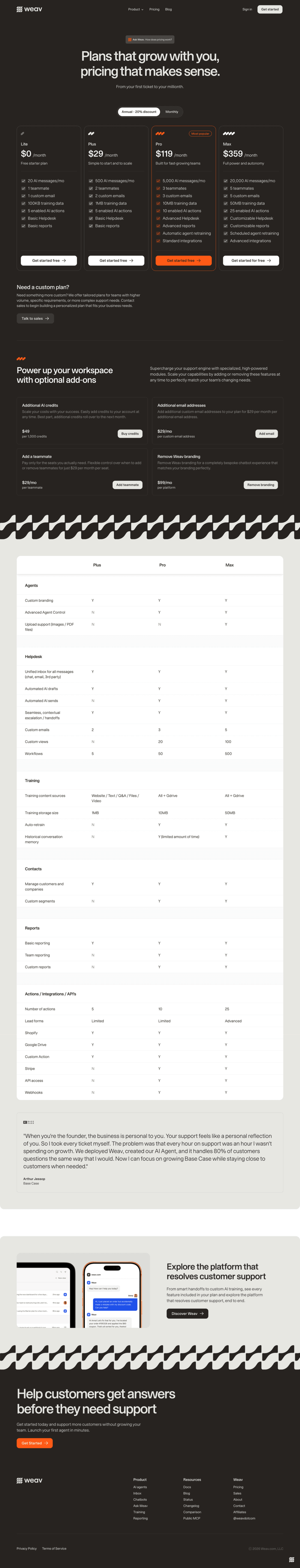 Weav pricing website preview