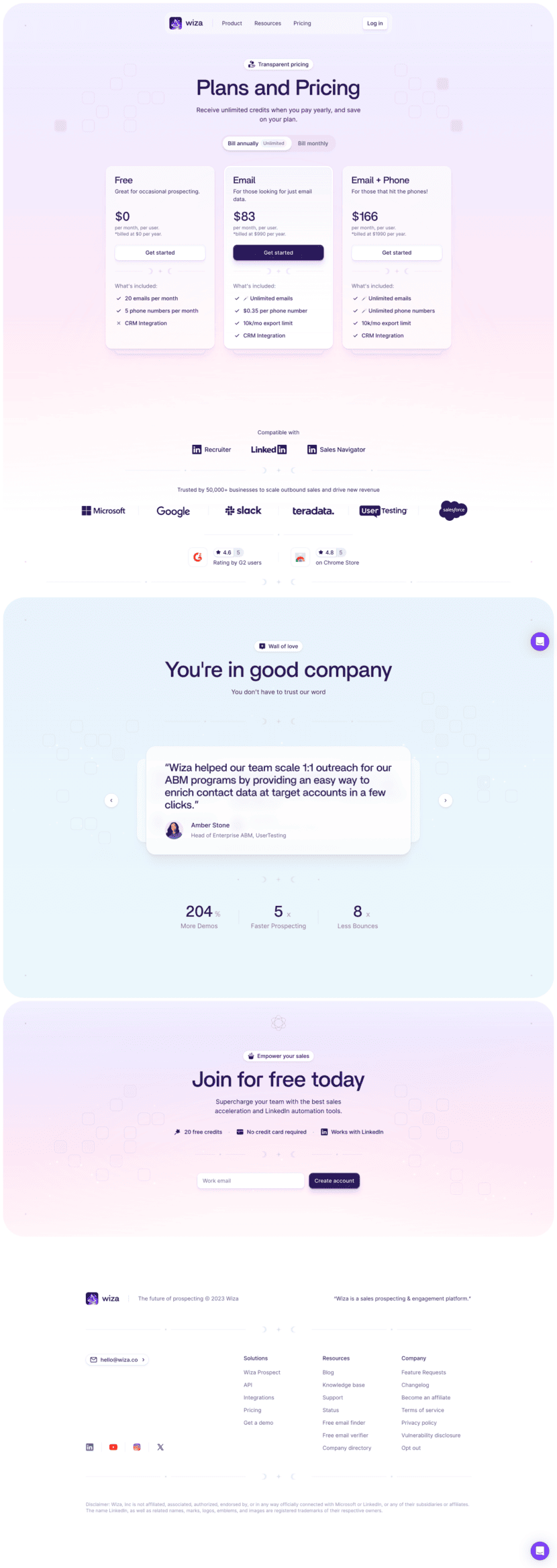 Wiza pricing website preview